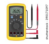 Multimeter electrical or electronics in yellow silicone shell, with probes. Electrician power tools. Isolated on white background.
