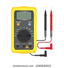 Multimeter electrical or electronics in yellow silicone shell, with probes. Electrician power tools. Isolated on white background, vector illustration.