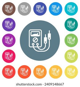Multimeter flat white icons on round color backgrounds. 17 background color variations are included.