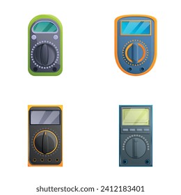 Multimeter icons set cartoon vector. Voltage, amperage, ohmmeter. Electrical measuring instrument