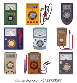 Multimeter-Symbole setzen Cartoon-Vektorgrafik. Digitaler Spannungsmesser. elektrischer Prüfmesser