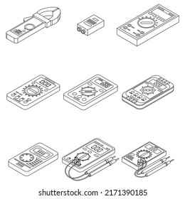 Multimeter icons set. Isometric set of multimeter vector icons outline isolated on white background