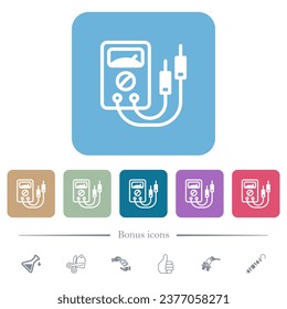 Weiße, flache Symbole auf buntem, quadratischem Hintergrund. 6 Bonussymbole enthalten