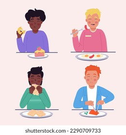 Multinational African American men eating different food