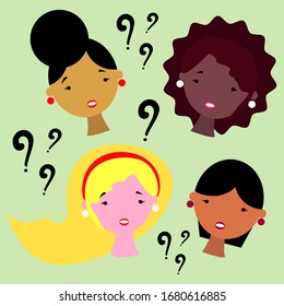 Multinational beautiful girls with question marks. Vector illustration in flat style.