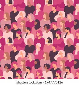 Multinational beauty seamless pattern. Different ethnicity women: African, Asian, Chinese, European, Latin American, Arab. Women's struggle for freedom, independence, equality.