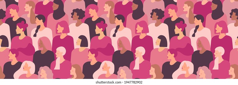 Multinational beauty seamless pattern. Different ethnicity women: African, Asian, Chinese, European, Latin American, Arab. Women's struggle for freedom, independence, equality.
