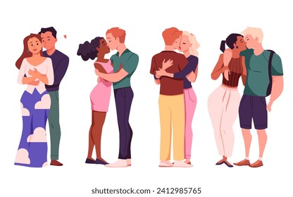 Multinational beloved couple hugging and kissing vector isolated illustrations set. Cartoon love relationship, young sweethearts embrace. Happy lovers enjoying romantic time together