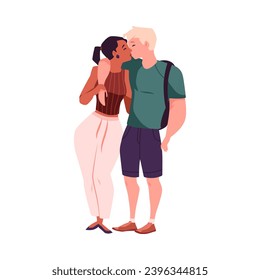 Multinational beloved teenagers couple hugging and kissing. Vector cartoon isolated illustration of love relationship, young sweethearts embrace. Happy lovers enjoying romantic time together