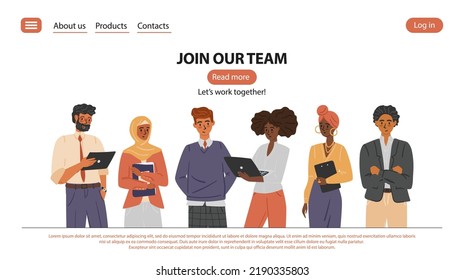 Comunidad empresarial multinacional. Únase a nuestra página de inicio del vector de equipo y plantilla de sitio web. Grupo de diversos empresarios y personal de la oficina de la empresa.  Trabajos en equipo, empleados y trabajadoras