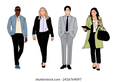 Personas de negocios multinacionales de pie y caminando. Conjunto de diferentes hombres, mujeres personajes en formal, ropa de oficina casual inteligente. Ilustraciones de contorno de color vectorial Aislado sobre fondo blanco.