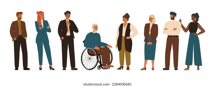 Equipo de negocios multinacional, ilustración del vector de concepto. Diversos grupos de personas, hombres y mujeres de diversas etnias y edades en trajes de oficina. Caracteres aislados en blanco