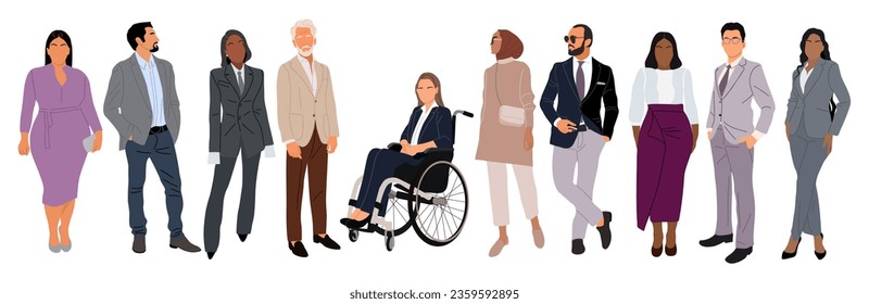 Multinational business team. Diverse cartoon men, women of various ethnicities, ages, body type in formal office outfits. Inclusive business concept vector illustration isolated on white background