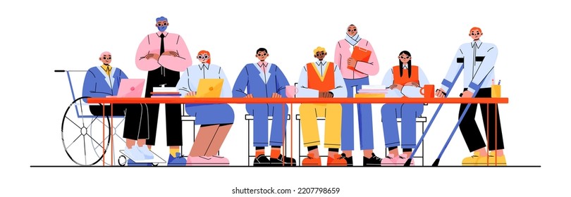 Multinational business team, group of diverse people, disabled and healthy entrepreneurs or office workers sitting at desk. Company employees work together, isolated Line art flat vector illustration