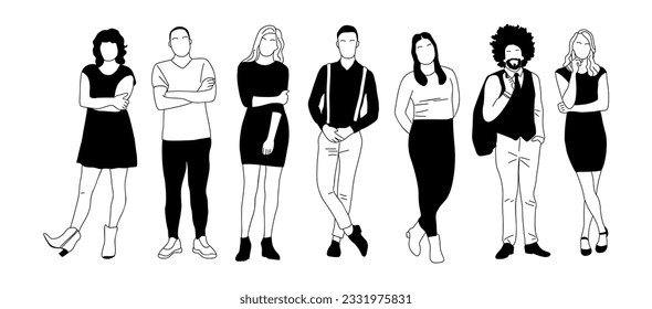 Multinational Business team members standing. Set of different men and women characters. Modern vector simple outline stylized illustrations for graphic and web design. Isolated on white background