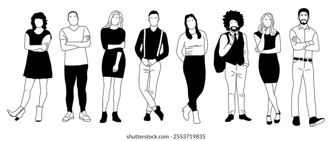 Multinational Business team members standing. Set of different men and women characters. Modern vector simple outline stylized illustrations for graphic, web design. Isolated on white background