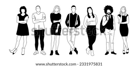 Multinational Business team members standing. Set of different men and women characters. Modern vector simple outline stylized illustrations for graphic and web design. Isolated on white background