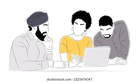 Multinational Business team members working together. Business men, women brainstorming, discussing, taking part in business activities. Vector  line art illustration isolated on white background.