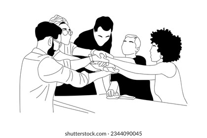 Multinational Business team members working together. Set of multiracial men and women characters joined their hands. Vector outline black hand drawn illustration Isolated on white background