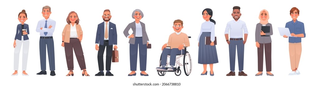 Multinational business team. Set of characters of men and women of different ages and races dressed in business suits. Person with disability. Vector illustration in cartoon style