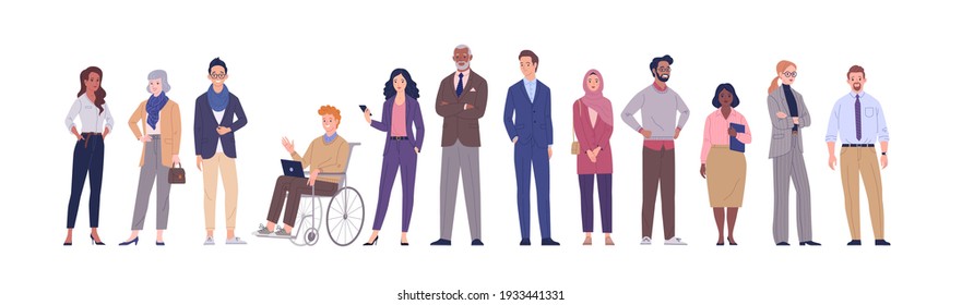 Multinational business team  Vector illustration diverse cartoon men   women various ethnicities  ages   body type in office outfits  Isolated white 