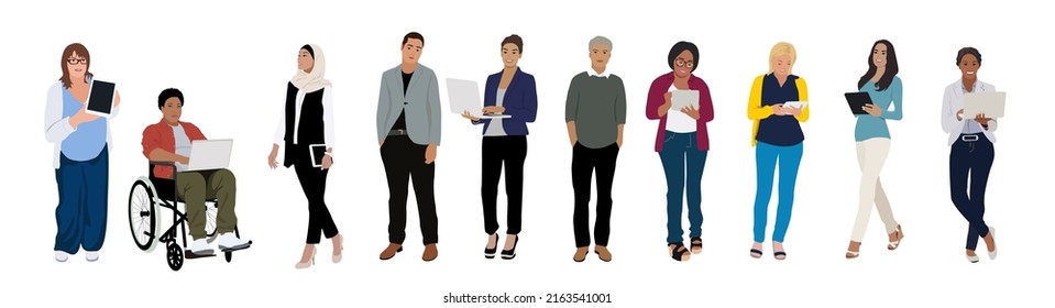 Equipo de negocios multinacional. Ilustración vectorial de diversos hombres y mujeres de diferentes razas, edades y tipo de cuerpo en ropa informal de oficina inteligente. Aislado sobre fondo blanco.