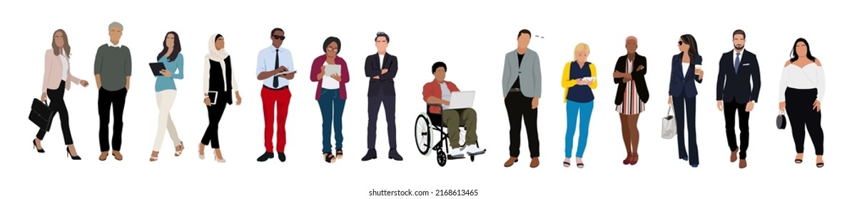 Multinational Business Team. Vector Illustration Of Diverse Cartoon Men And Women Of Various Ethnicities, Ages And Body Type In Office Outfits. Set Of Different Business People. Isolated On White.