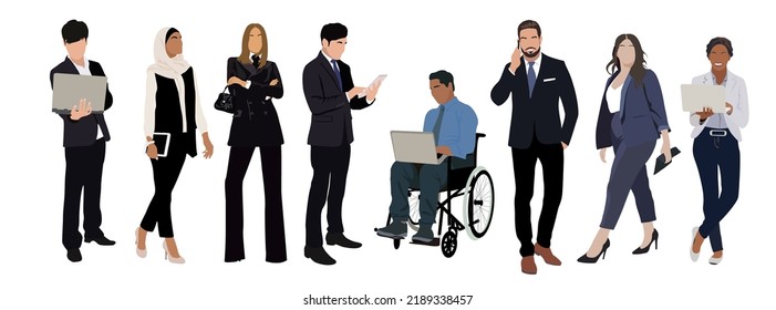 Equipo de negocios multinacional. Ilustración vectorial de diversos hombres y mujeres de diversas etnias, edades y tipos de cuerpo en trajes formales. Conjunto de gente de negocios diferente. Aislado en blanco.