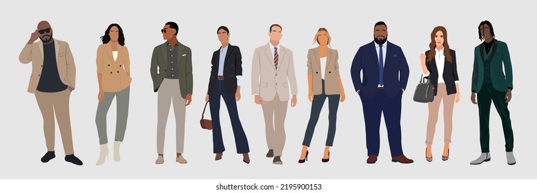 Multinational business team. Vector illustration of diverse cartoon men and women of various ethnicities, ages and body type in office outfits. Isolated on white.