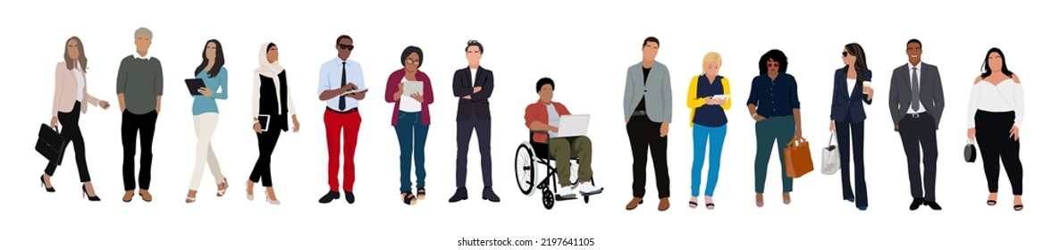 Multinational business team. Vector illustration of diverse cartoon men and women of various ethnicities, ages and body type in office outfits. Set of different business people. Isolated on white.