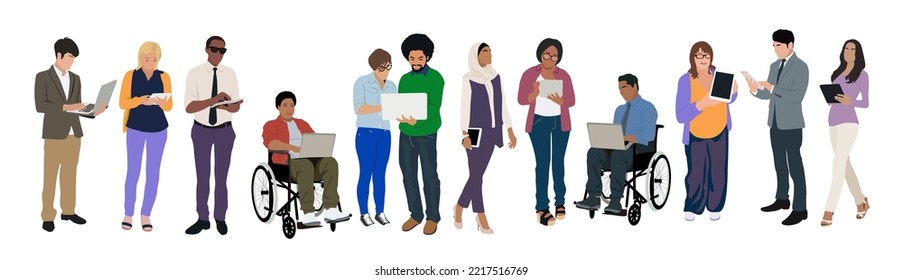 Multinational business team. Vector illustration of diverse cartoon men and women of various ethnicities, ages and body type using gadgets - laptop or tablet. Isolated on white.