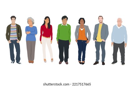 Multinational business team. Vector illustration of diverse cartoon men and women of various ethnicities, ages and body type in office outfits. Set of different business people. Isolated on white.