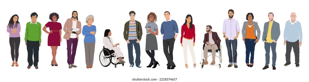 Multinational business team. Vector illustration of diverse cartoon men and women of various ethnicities, ages and body type in office outfits. Set of different business people. Isolated on white.