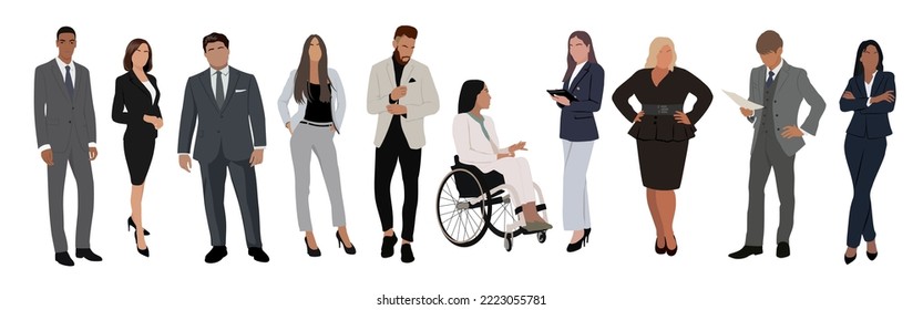 Multinational business team. Vector illustration of diverse cartoon men and women of various ethnicities, ages and body type in office outfits. Isolated on white.