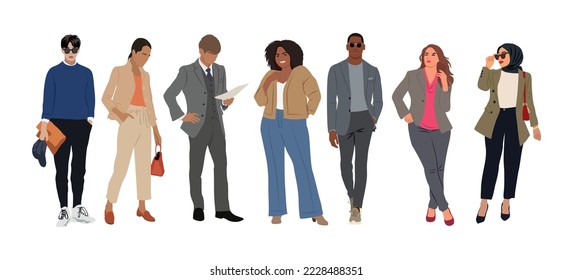 Equipo de negocios multinacional. Ilustración vectorial de diversos hombres y mujeres de diversas etnias, edades y tipo de cuerpo en ropa de oficina. Conjunto de gente de negocios diferente. Aislado en blanco.