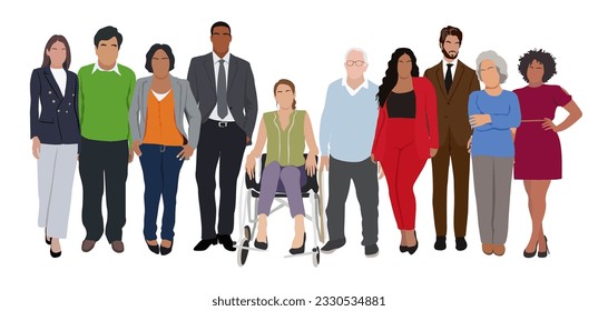 Equipo de negocios multinacional. Ilustración vectorial de diversos hombres y mujeres de diversas etnias, edades y tipo de cuerpo en ropa de oficina. Gran grupo de diferentes empresarios. Aislado sobre blanco