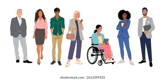 Multinational business team. Vector illustration of diverse cartoon men, women of various ethnicities, ages, body types in casual office outfits. Set of different business people Isolated on white