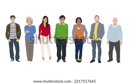 Multinational business team. Vector illustration of diverse cartoon men and women of various ethnicities, ages and body type in office outfits. Set of different business people. Isolated on white.