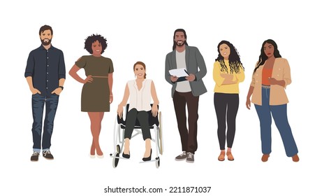 Multinational business team. Vector realistic illustration of diverse cartoon men and women of various ethnicities, ages and body type in smart casual office outfits. Isolated on white background. - Shutterstock ID 2211871037