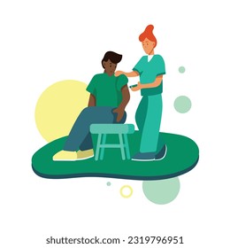 Multinational cartoon characters inventing and testing vaccine. Human clinical trials vaccination shot. Protection from pandemic outbreak. Making and giving covid 19 vaccination. Vector