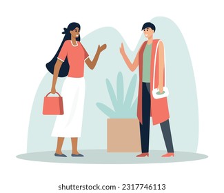 Multinational cartoon couple feeling happy when meeting. Friends spending time together. Human communication and behavior. Bonding relationships between people. Vector