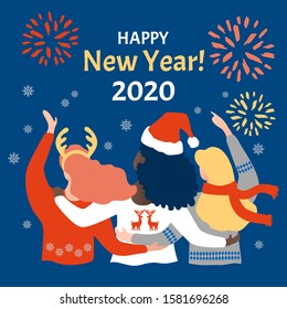 multinational celebration of the new year on classic blue background . three happy girls celebrate new year. Trust friends. Partner symbol. multinational friendship