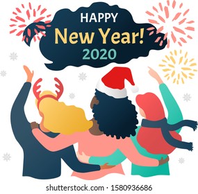 multinational celebration of the new year. three happy girls celebrate new year. Trust friends, partnership. Partner symbol. Banner template. group of people hugging together.