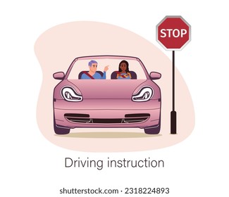 Multinational characters taking driving course. Instructor teaching road sign. Students passing exam successfully and getting driving licenses. Vector