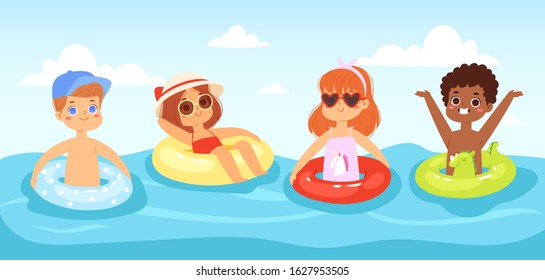 Multinational children have fun and jumping in the water. Boys and girls with inflatable rubber circles swimming in the sea. Happy kids having fun in the summer time. Landscape, panorama sea view