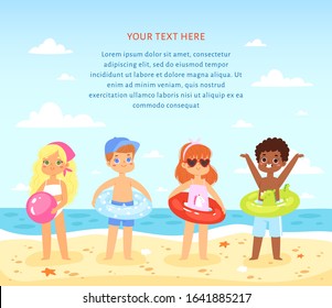 Multinational children have fun and jumping on the beach. Boys and girls with inflatable rubber circles on the sea. Happy kids enjoy the summer time. Template for brochure, banner with place for text