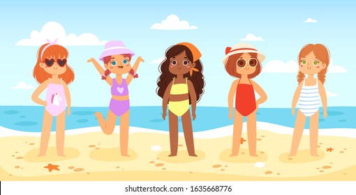 Multinational children have fun, standing and jumping on the beach. Little girls in colorful swimwear near the sea. Happy kids enjoying vacations the summer time. Vector landscape, panorama sea view