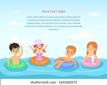 Multinational children have fun and in the water. Boys and girls with inflatable rubber circles swimming in the sea. Happy kids in the summer time. Template for brochure, banner with place for text