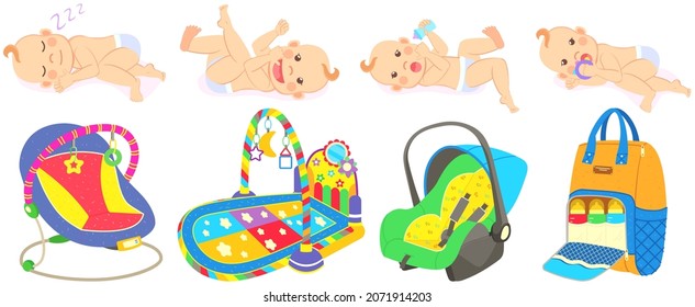 Multinational children, kids playing, baby care objects, newborn items supplies, set of icons. Toys, clothes, devices for transporting, bathing of babies. Babies in diapers crawling, smiling