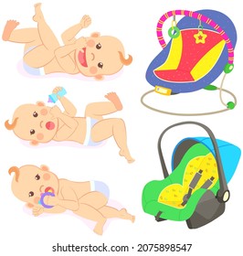 Multinational children, kids playing, baby care objects, newborn items supplies, set of icons. Toys, clothes, devices for transporting, bathing of babies. Babies in diapers crawling, smiling